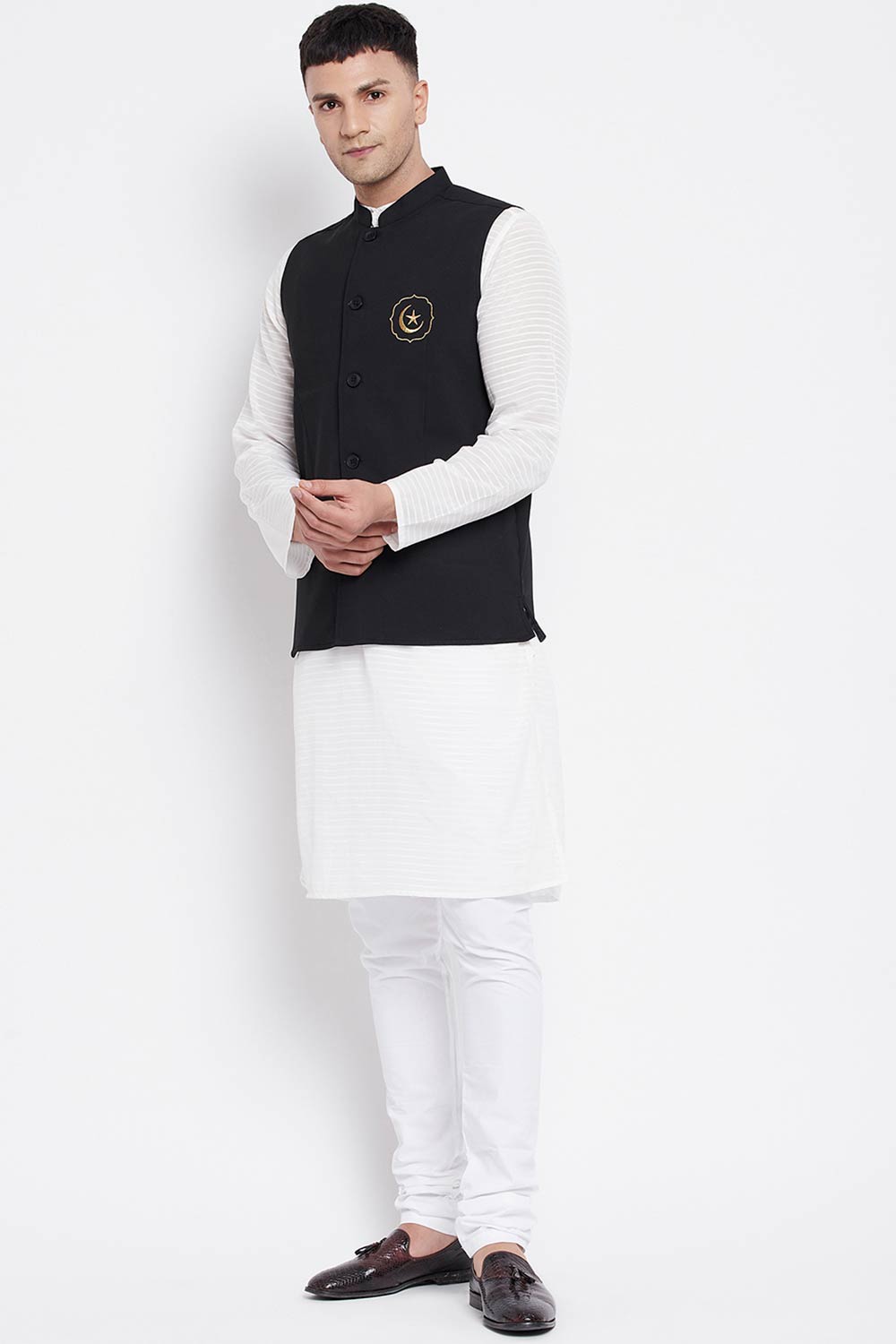 Buy Men's Merino Moon and Star Embroidery Nehru Jacket in Black - Back