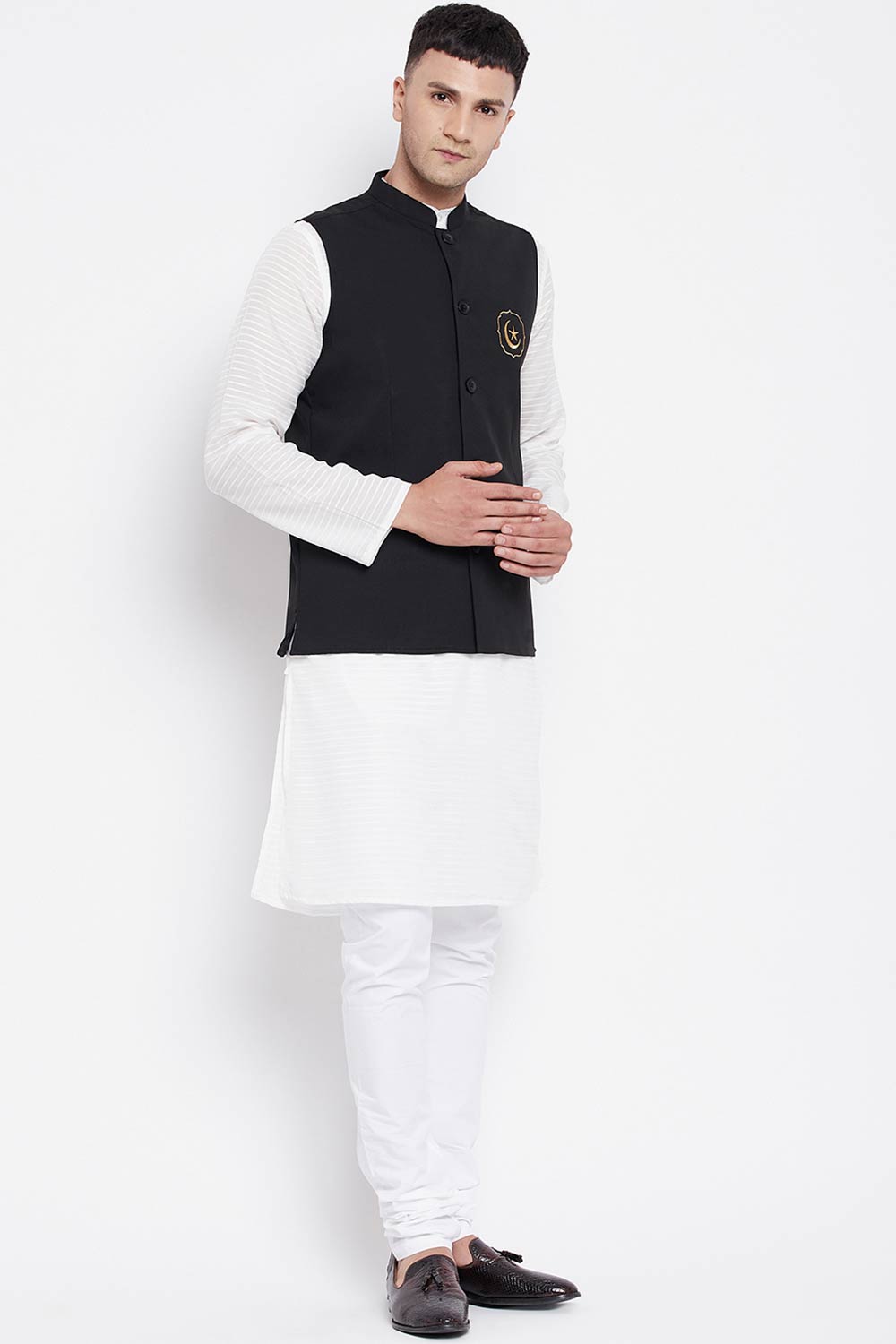 Buy Men's Merino Moon and Star Embroidery Nehru Jacket in Black - Side