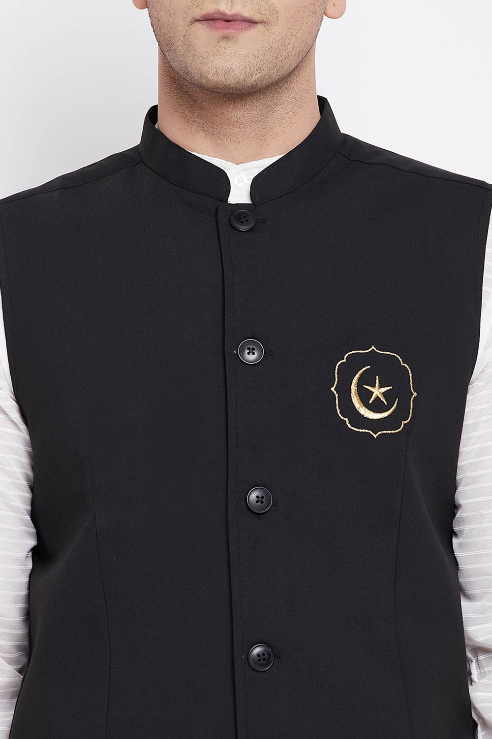 Buy Men's Merino Moon and Star Embroidery Nehru Jacket in Black - Zoom Out
