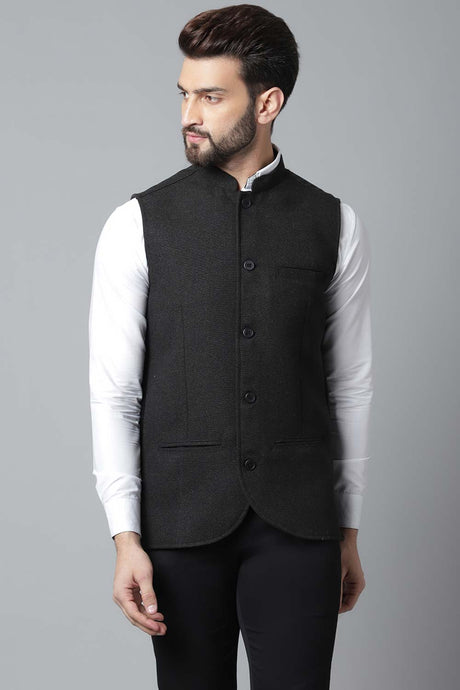 Buy Men's Black Wool Textured Waistcoat Online - KARMAPLACE