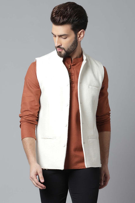 Buy Men's White Wool Solid Waistcoat Online - KARMAPLACE
