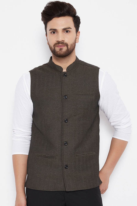 Buy Men's Merino Solid Nehru Jacket in Brown