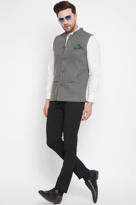 Buy Men's Wool Solid Nehru Jacket in Grey
