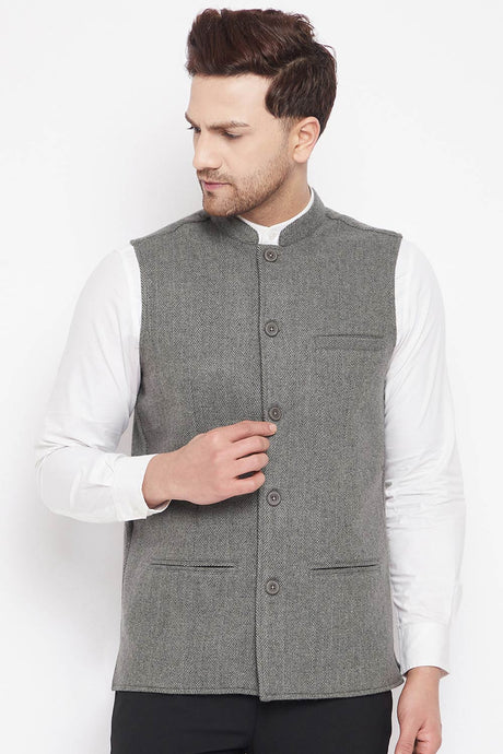 Buy Men's Wool Solid Nehru Jacket in Grey