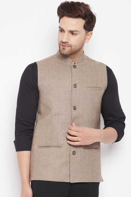 Buy Men's Wool Solid Nehru Jacket in Beige