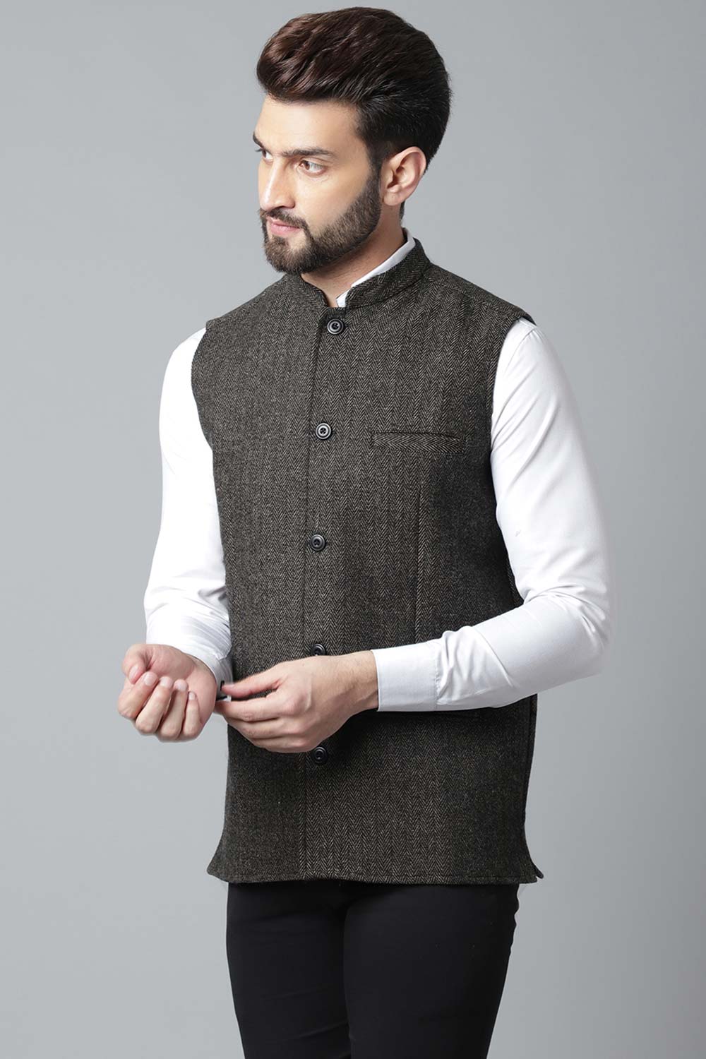 Buy Men's Brown Wool Textured Waistcoat Online - KARMAPLACE