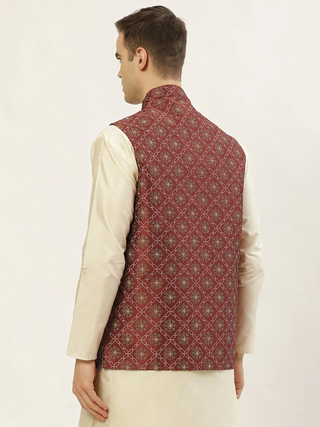 Men's Maroon Dupion Silk Printed Nehru Jacket