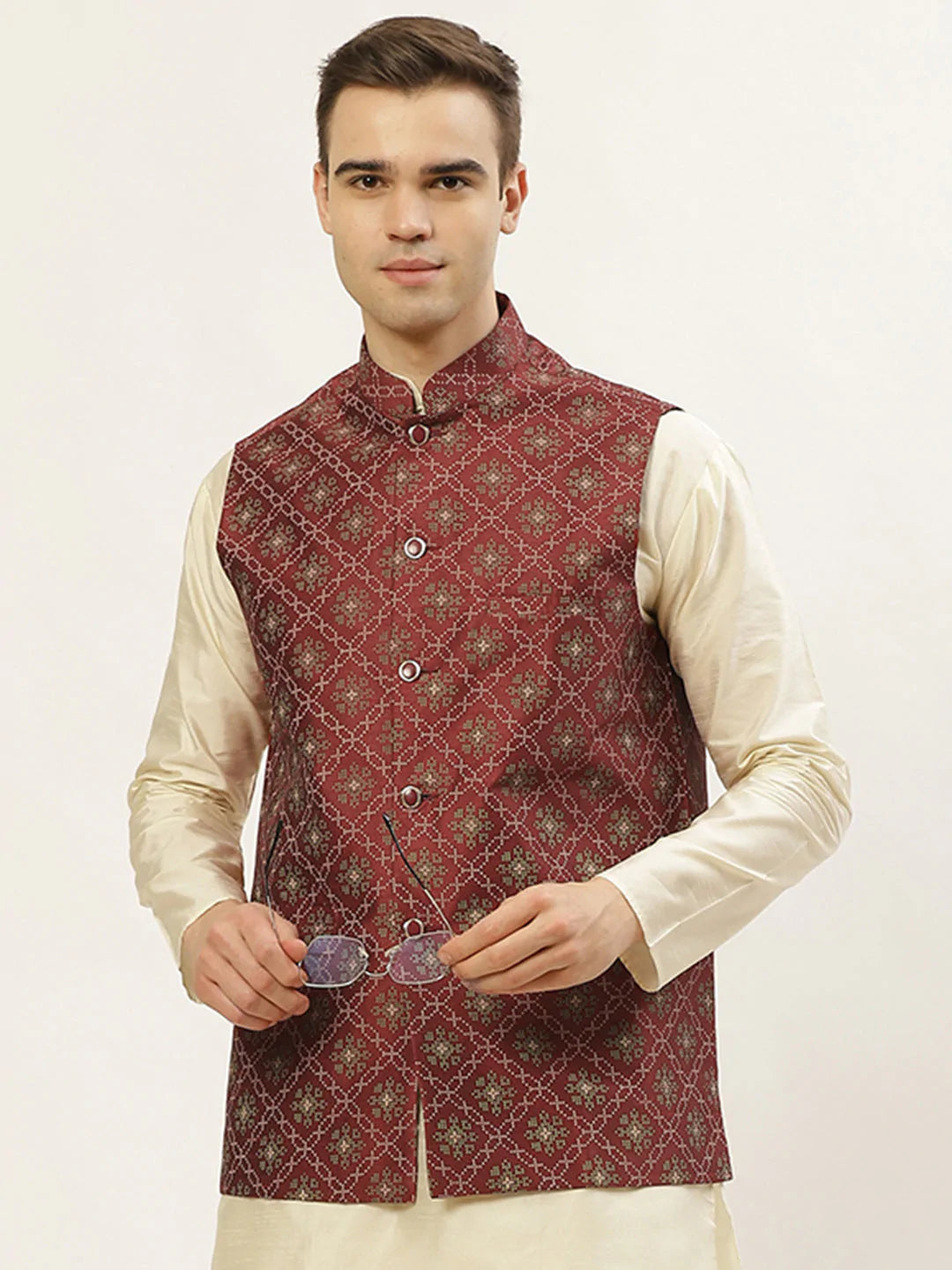 Men's Maroon Dupion Silk Printed Nehru Jacket