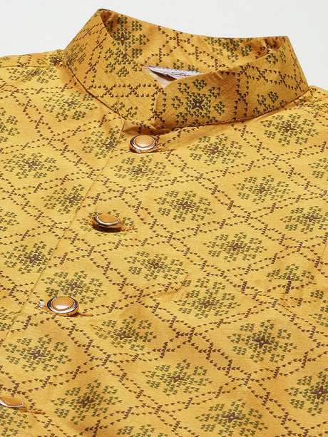 Men's Mustard Dupion Silk Printed Nehru Jacket