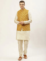 Men's Mustard Dupion Silk Printed Nehru Jacket