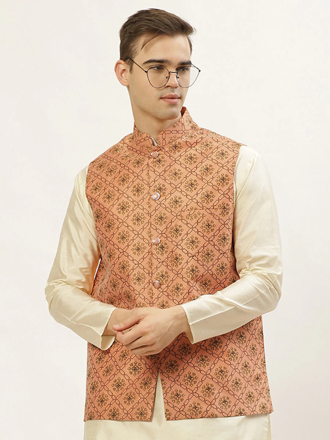 Men's Orange Dupion Silk Printed Nehru Jacket