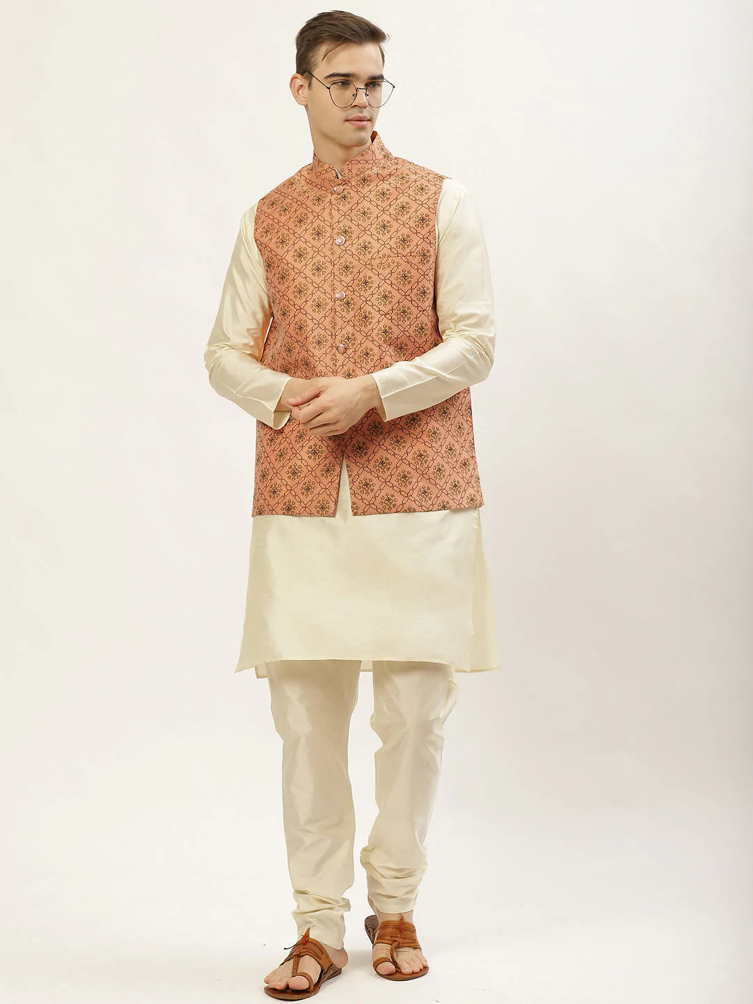 Men's Orange Dupion Silk Printed Nehru Jacket