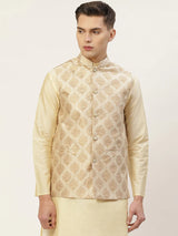 Men's Cream Jacquard Silk Woven Design Nehru Jacket