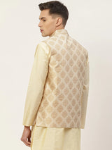 Men's Cream Jacquard Silk Woven Design Nehru Jacket