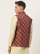 Men's Maroon Jacquard Silk Woven Design Nehru Jacket