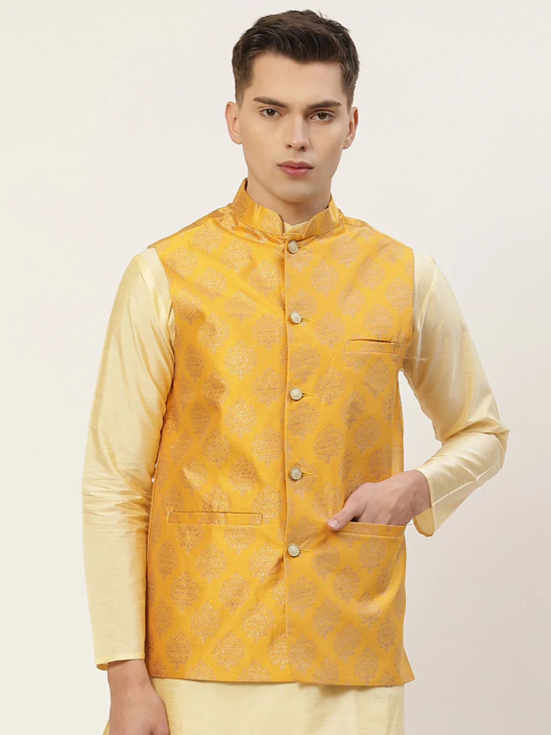 Men's Mustard Jacquard Silk Woven Design Nehru Jacket