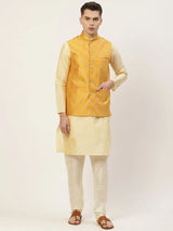 Men's Mustard Jacquard Silk Woven Design Nehru Jacket