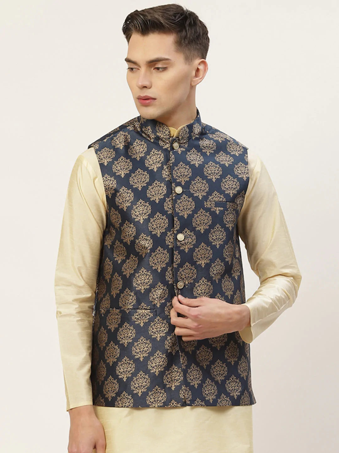 Buy Nuindian Blue Cotton Printed Slim Fit Nehru Jacket for Men Online at  Fabindia | 20092041