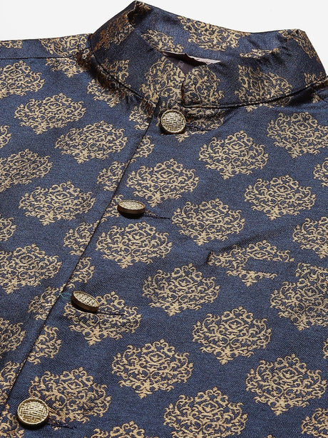 Men's Navy Blue Jacquard Silk Woven Design Nehru Jacket