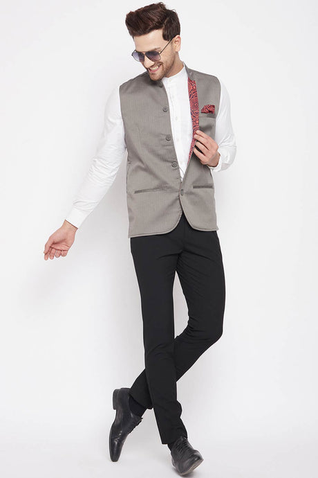 Buy Men's Polyester Solid Nehru Jacket in Grey
