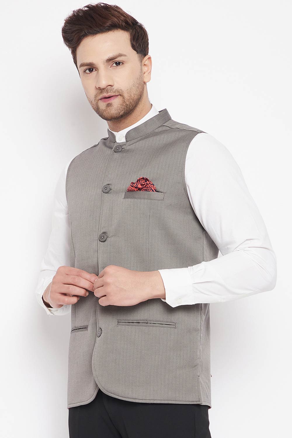 Buy Men's Polyester Solid Nehru Jacket in Grey