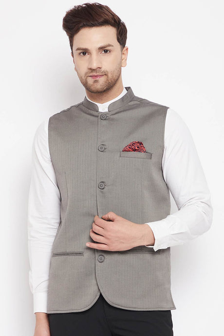Buy Men's Polyester Solid Nehru Jacket in Grey