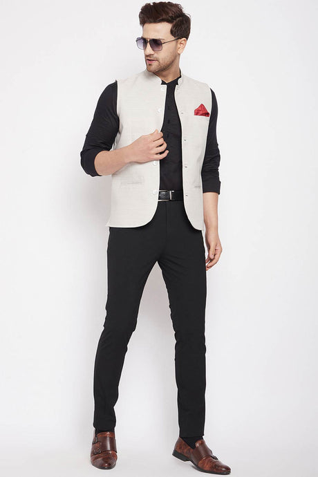 Buy Men's Blended Linen Solid Nehru Jacket in Cream