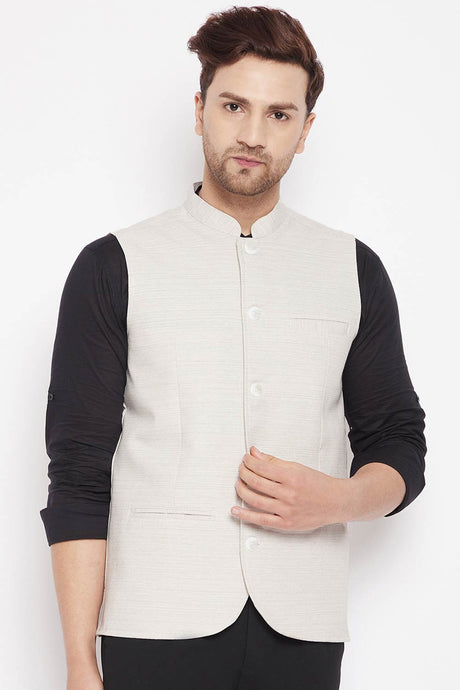 Buy Men's Blended Linen Solid Nehru Jacket in Cream