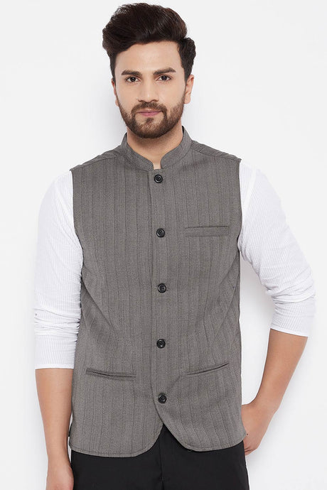 Buy Men's Merino Stripes Nehru Jacket in Brown