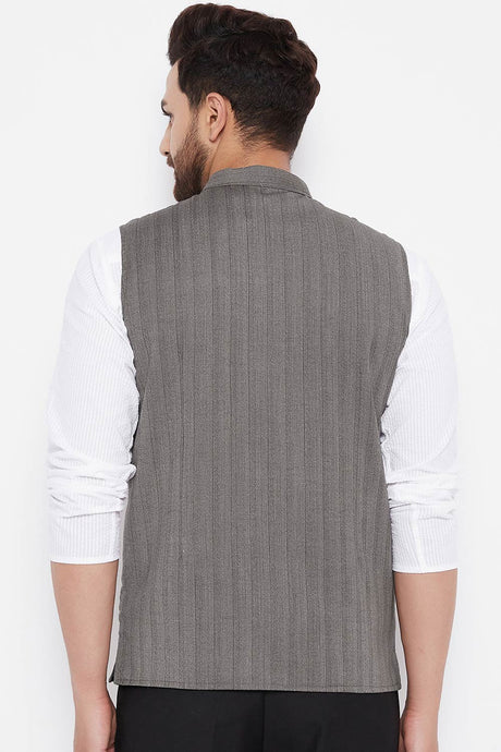 Buy Men's Merino Stripes Nehru Jacket in Brown - Zoom in