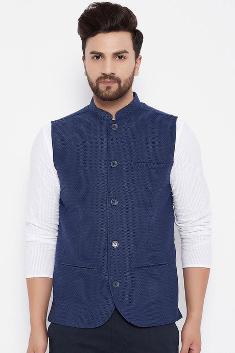 Buy Men's Dobby Woven Nehru Jacket in Navy Blue
