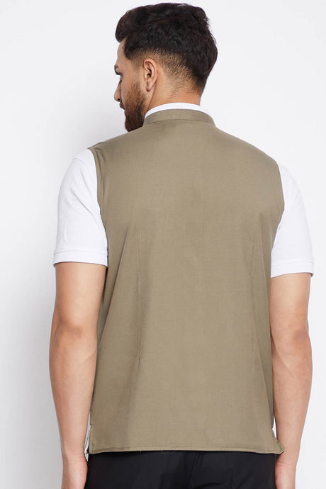 Buy Men's Merino Solid Nehru Jacket in Beige - Front