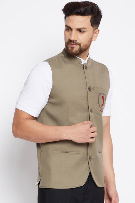 Buy Men's Merino Solid Nehru Jacket in Beige - Zoom Out