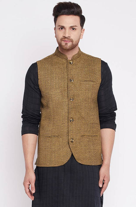 Buy  Chenille Woven Nehru jacket in Brown