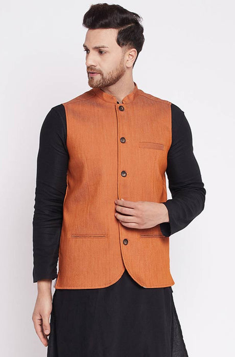 Buy  Cotton Woven Nehru jacket in Orange