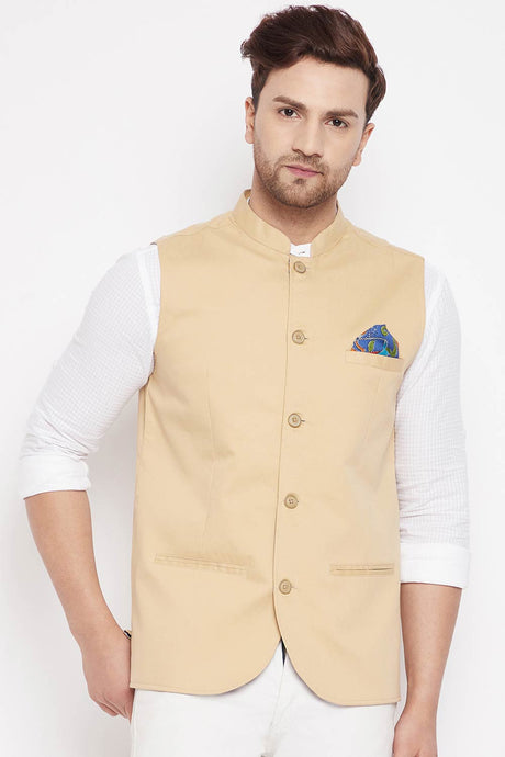 Buy Men's Polyester Solid Nehru Jacket in Beige