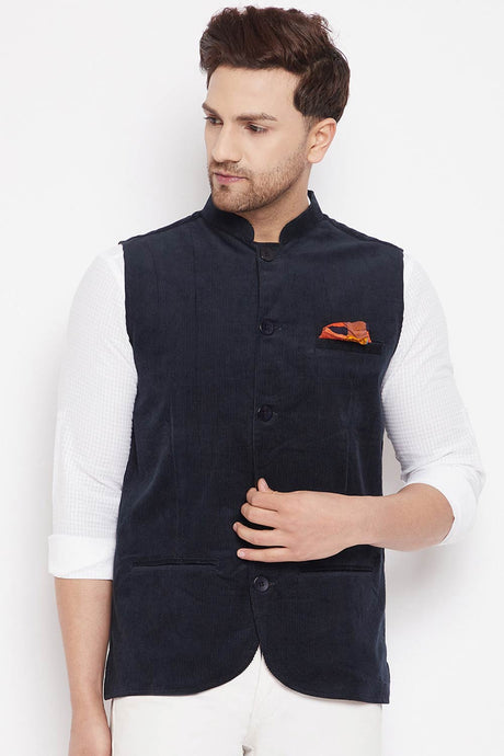 Buy Men's Polyester Solid Nehru Jacket in Navy