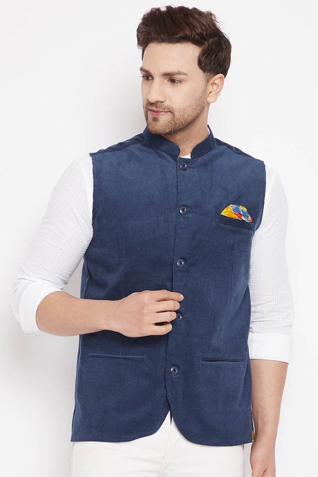 Buy Men's Polyester Solid Nehru Jacket in Blue
