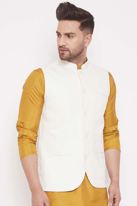 Buy Men's White Linen Blend Solid Nehru jacket Online - KARMAPLACE