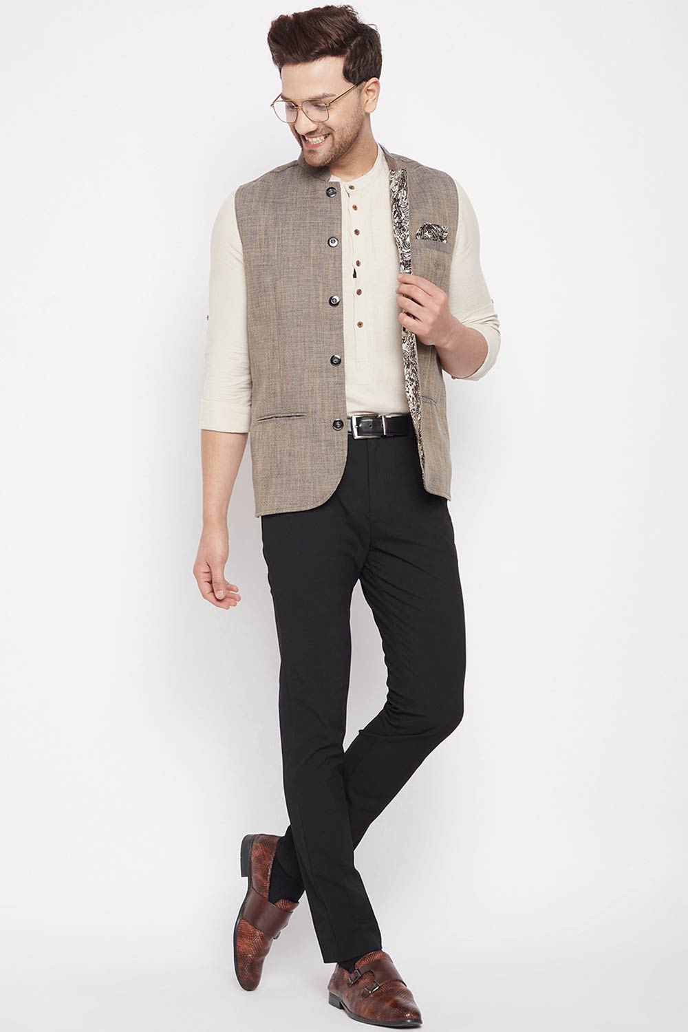 Buy Men's Linen Solid Nehru Jacket in Brown