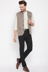 Buy Men's Linen Solid Nehru Jacket in Brown