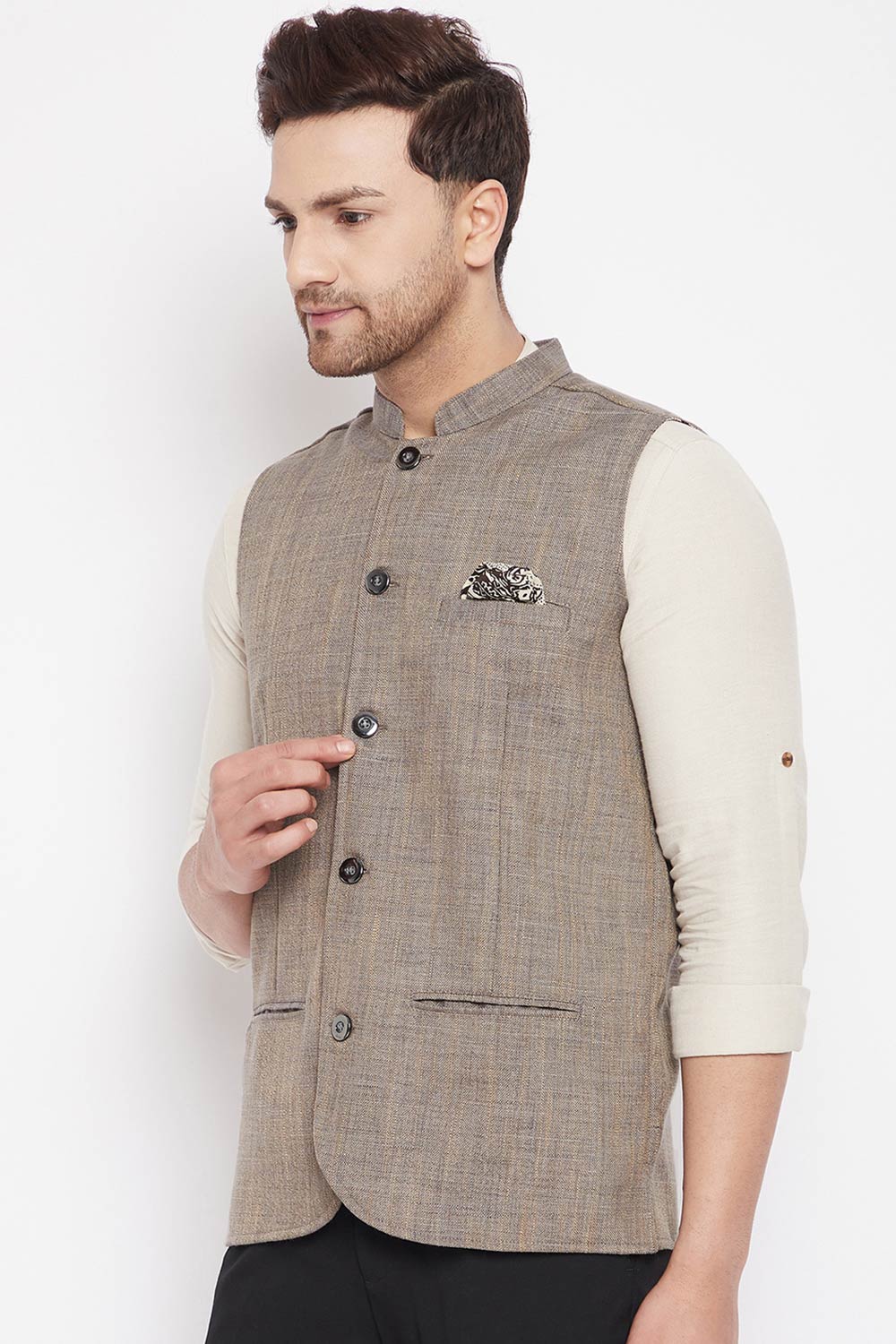 Buy Men's Linen Solid Nehru Jacket in Brown