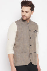 Buy Men's Linen Solid Nehru Jacket in Brown