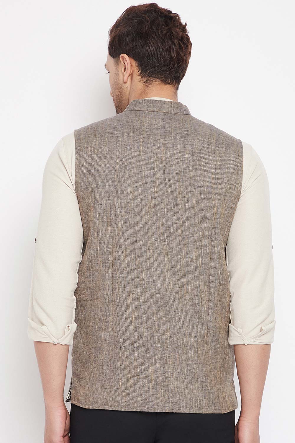 Buy Men's Linen Solid Nehru Jacket in Brown