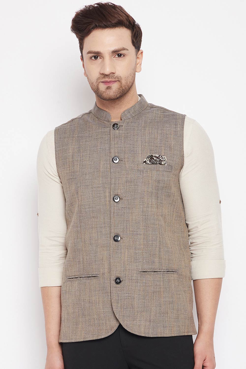 Buy Men's Linen Solid Nehru Jacket in Brown