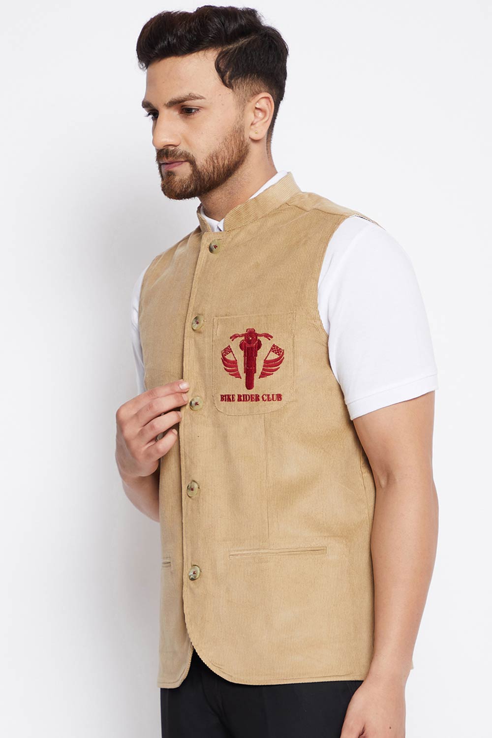 Buy Men's Merino Solid Nehru Jacket in Beige - Back