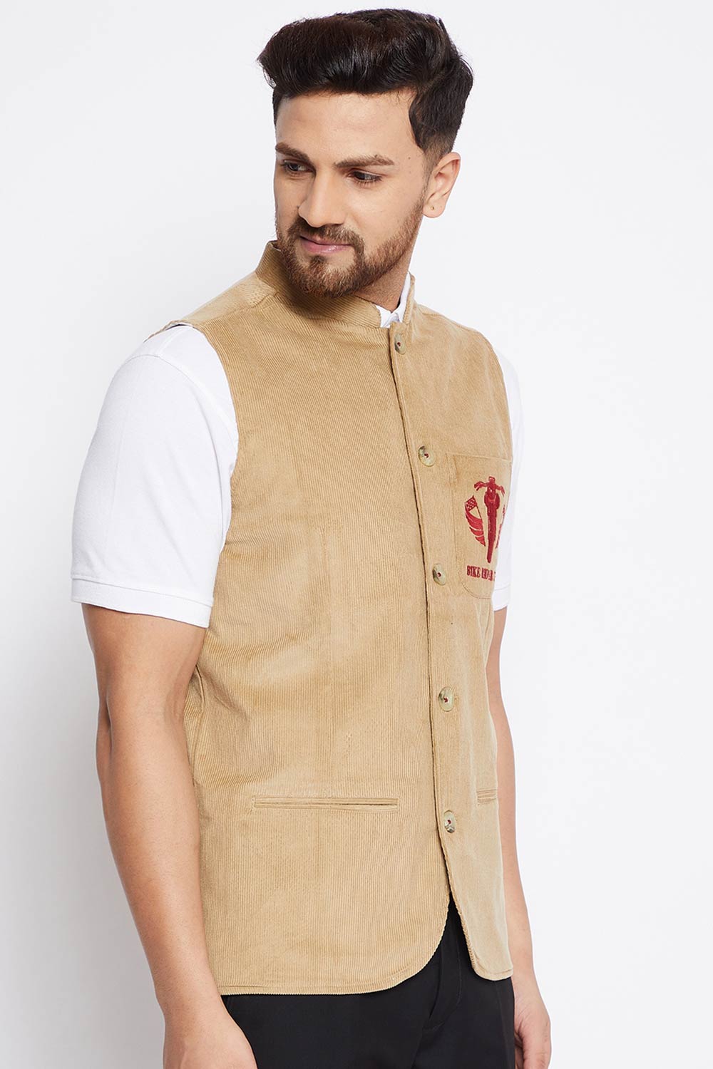 Buy Men's Merino Solid Nehru Jacket in Beige - Zoom Out