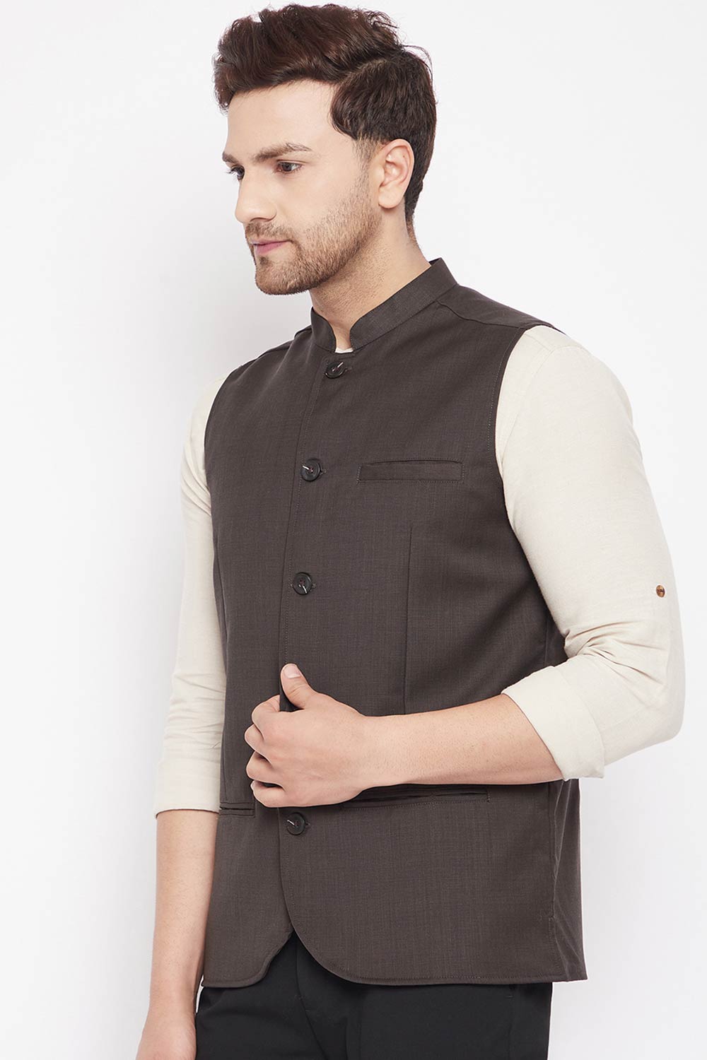Buy Men's Merino Solid Nehru Jacket in Brown