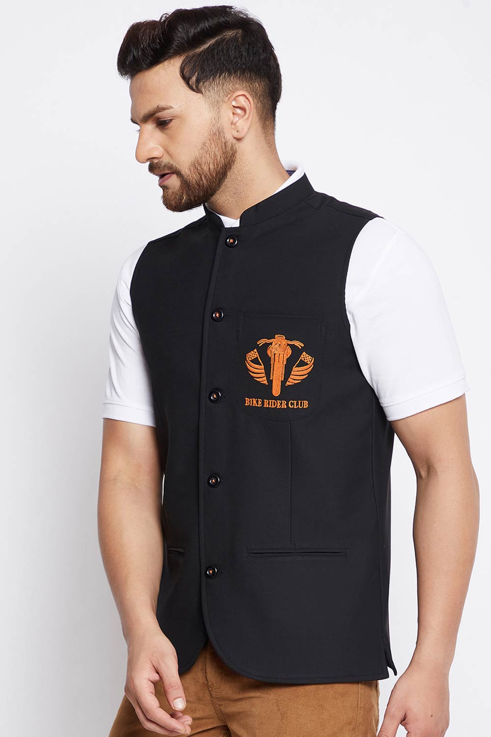 Buy Men's Merino Solid Nehru Jacket in Black - Back