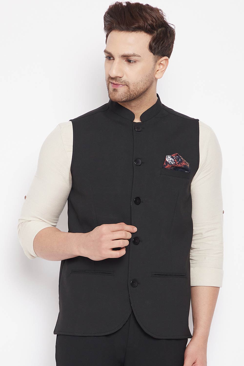 Buy Men's Merino Solid Nehru Jacket in Black